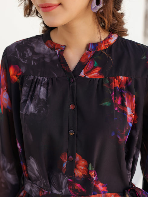 Black Georgette Floral Printed Tiered Dress